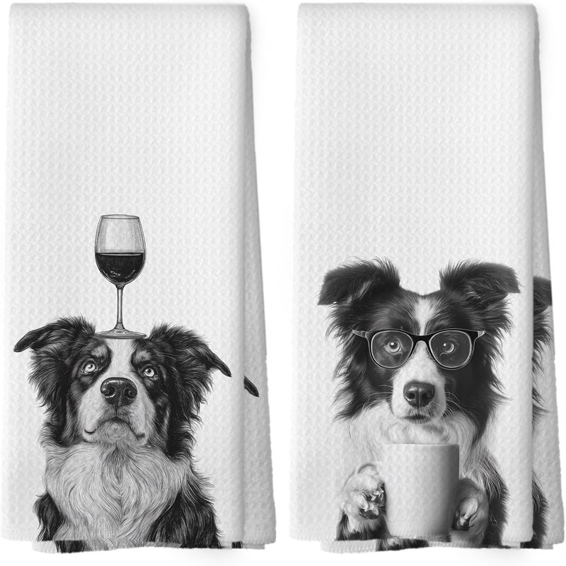 Mcehtle Funny Border Collie Kitchen Towels Set of 2, Funny Dog Kitchen Accessories, Coffee Station Wine Bar Decor, Dog Chef Gift Hand Towel, Dining Room Decorative Tea Towel Dish Towels 16x24 Inch - Image 1